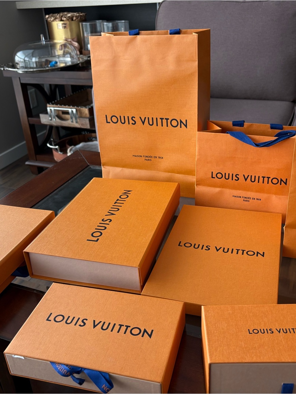 Louis Vuitton Orange Shopping Bags with Blue Handles